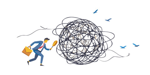 Businessman with magnifying glass investigating a tangled mess finding clarity