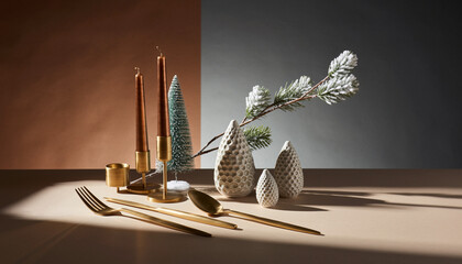 Elegant Christmas table setting showcasing modern holiday decor, golden cutlery, and festive ambiance for sophisticated seasonal celebrations