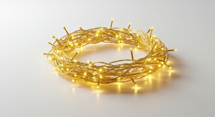 A coil of glowing warm yellow LED fairy lights arranged in a circle on a clean white background.
