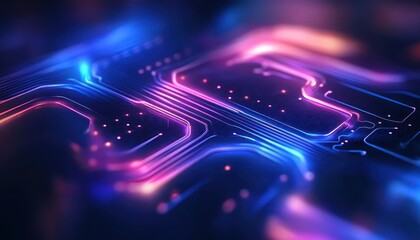 Close-up view of a glowing, futuristic circuit board with neon blue and pink light trails creating an intricate digital pattern