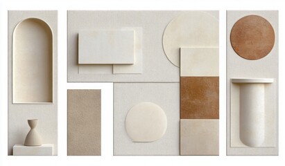 Minimalist abstract wall art with geometric shapes including circles, rectangles, and an arch niche in neutral beige and brown tones featuring a small vase