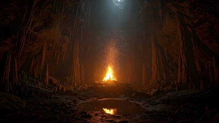 Dark cavern within dense forest illuminated by slow-burning natural pitch flame emerging from tree resin; deep amber reflections on wet stone; mystical yet realistic atmosphere.