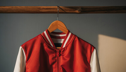 Close-up of a vibrant red and white varsity jacket hanging on a wooden hanger against a grey backdrop, showcasing classic athletic style