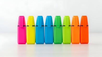 Row of vibrant, colorful highlighters standing upright on a white reflective surface