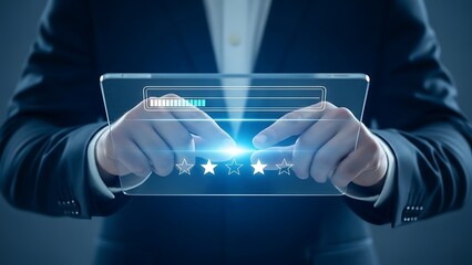 Businessman rating a digital interface with stars and a progress bar on a tablet device