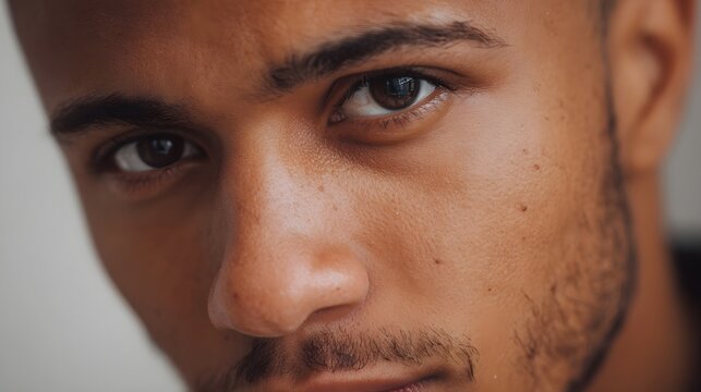 Close up portrait capturing a man s intense focused gaze revealing detailed skin and subtle expression - Powered by Adobe