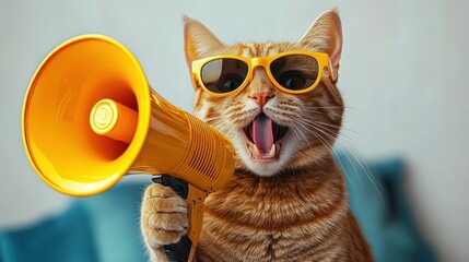 orange tabby cat wearing orange sunglasses holding and shouting into a yellow megaphone with open mouth