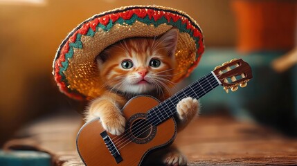 adorable orange kitten wearing a colorful woven hat while holding a small acoustic guitar sitting on a wooden surface with a softly blurred warm background