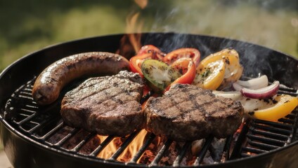 Delicious Steaks Sausage and Vegetables Grilling on a Barbecue.