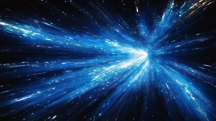 Fototapeta premium Bright blue and white cosmic streaks radiating outward in a tunnel-like burst, suggesting high-speed travel through space or a warp-speed effect, evoking a sense of motion and energy