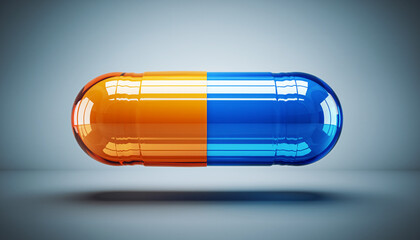 Two-toned capsule, half orange and half blue, floating in front of a light gray background, representing medicine or supplements
