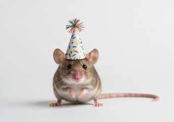 Cute mouse in a colorful party hat celebrating a festive occasion with joy and happiness