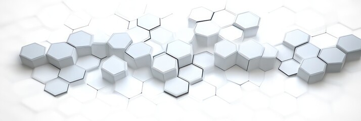 Abstract 3D hexagonal shapes forming a continuous wave-like pattern in white and light gray with soft shadows on a white hexagonal grid background