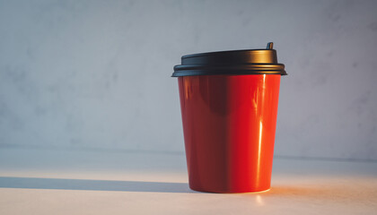 Vibrant red disposable coffee cup with a black lid on a clean white surface, bathed in subtle light, embodying the essential daily ritual of an energizing beverage for the modern individual