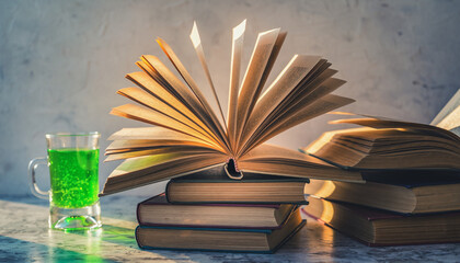 Radiant Sunlight Illuminating an Open Book on a Stack of Vintage Volumes, Paired with a Refreshing Drink for a Moment of Quiet Study and Intellectual Exploration