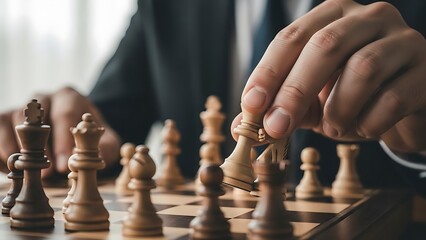 Strategic Mind A Close-Up of a Hand Moving a Chess Piece, Symbolizing Decision Making and Intellectual Competition