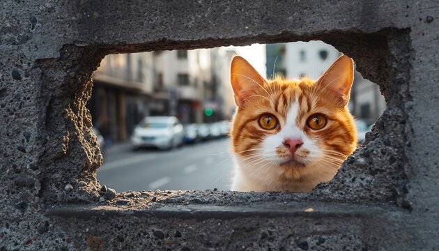 Curious Ginger Cat Peeking Through Concrete Hole in Urban Environment - Powered by Adobe