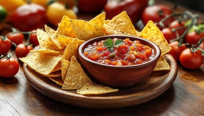 Close-up of a wooden plate with crispy tortilla chips surrounding a bowl of fresh salsa garnished with a parsley leaf in a cozy setting with tomatoes and peppers in the background