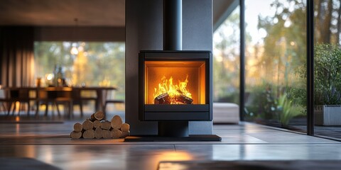Modern black wood-burning fireplace in a cozy living room with stacked firewood and large glass windows overlooking a garden in soft natural light