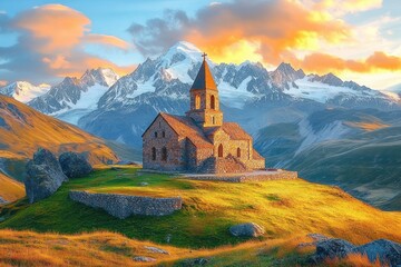 stone church on green hill with mountainous snow-covered peaks at sunset under vibrant orange and blue sky