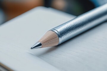 Close-up of a sharpened mechanical pencil resting on an open blank notebook with faint grid lines, conveying focus and readiness to write