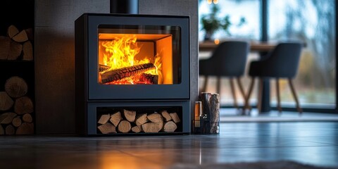 Modern wood-burning stove with visible flames and stacked firewood in a cozy indoor living space with large windows and blurred outdoor view