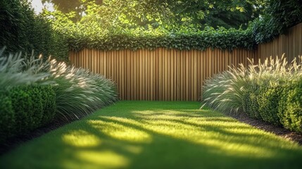 Sunlit garden pathway with neatly trimmed bushes, tall ornamental grasses, and a wooden fence surrounded by lush greenery