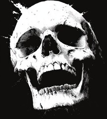 High contrast black and white illustration of a human skull with hollow eye sockets and open jaw, conveying a macabre and eerie atmosphere