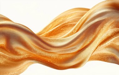 Smooth flowing golden silky fabric with glitter sparkle effect floating against a white background