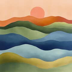Abstract layered landscape with rolling hills in warm and cool tones under a setting sun creating a calm and serene atmosphere