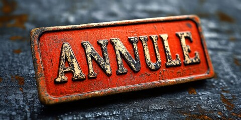 Close-up of a worn vintage metal sign with the word 'Annule' in raised, distressed letters on a rusted orange background placed on a textured dark surface
