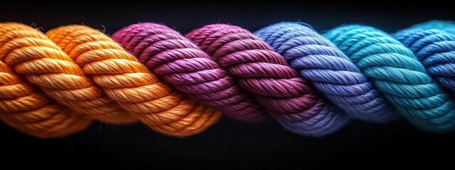 Close-up of a thick twisted rope with vibrant colors transitioning from orange to purple to blue against a dark background, showcasing texture and detail