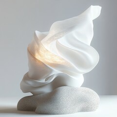 abstract white flowing fabric or sculpture softly illuminated from within, resting on a smooth pebble-like stone base against a plain light background