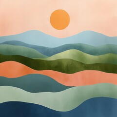 Abstract landscape with layered curving hills in shades of blue, green, and peach under a round orange sun in a peach sky, evoking calm and serenity