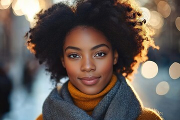 Portrait of a young woman with natural afro hairstyle wearing a warm gray scarf and mustard turtleneck sweater outdoors with soft glowing bokeh lights in background