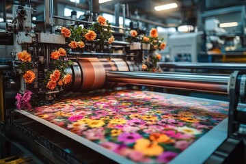 industrial printing machine producing vibrant floral patterned fabric with orange flowers decorating the machine in a factory setting