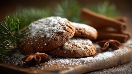 Macro shot of handcrafted gingerbread cookies with powdered sugar, cinnamon sticks and pine sprigs — festive baking detail.