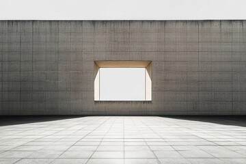 Minimalist concrete courtyard with a large square window opening casting shadows over tiled floor in bright daylight