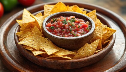 Bowl of fresh tomato salsa garnished with herbs served with crispy tortilla chips on a wooden plate evoking a vibrant and appetizing snack