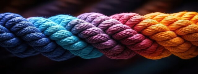 Close-up of a thick twisted rope with vibrant strands in blue, turquoise, purple, red, and orange colors, highlighting texture and color contrast