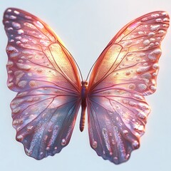 Close-up of a delicate pink butterfly with iridescent and shimmering wings in soft light
