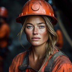 close-up portrait of a focused female construction worker wearing an orange hard hat and dirty orange work clothing
