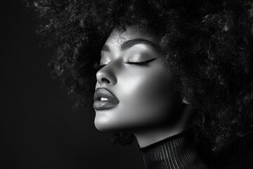 Close-up black and white portrait of a woman with curly hair, eyes closed, wearing dark lipstick and winged eyeliner, exuding confidence and calm