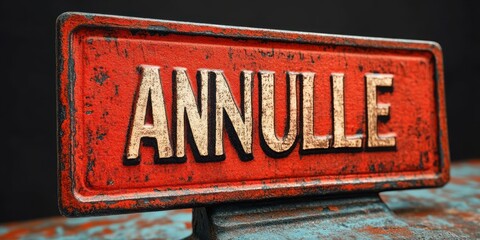 Close-up of a weathered red metal sign with the word 'ANNULLE' embossed in large white letters, showing signs of rust and wear