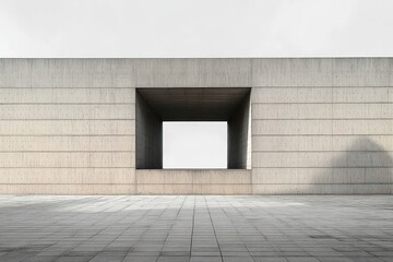 minimalist concrete building facade with large square opening and tiled ground under overcast sky