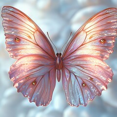 Close-up of a translucent pink and orange butterfly with delicate shimmering wings against a soft blurred background