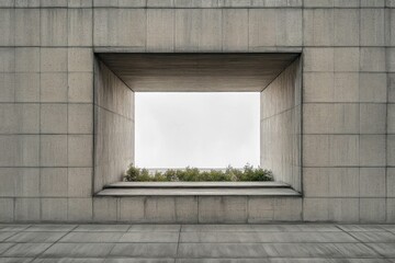 Minimalist architectural concrete wall with a large rectangular frame opening revealing an overcast sky and a small row of plants on the ledge