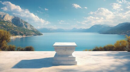 Marble pedestal on a terrace with a panoramic view of a calm blue sea surrounded by mountains under a partly cloudy sky