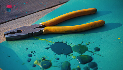 Yellow-handled pliers resting on a teal surface with splattered green paint drops, suggesting a DIY project or artistic endeavor