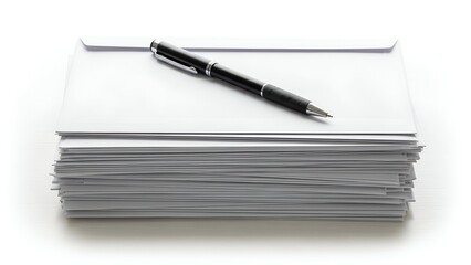 A stack of white envelopes with a black pen resting on top, all on a white background
